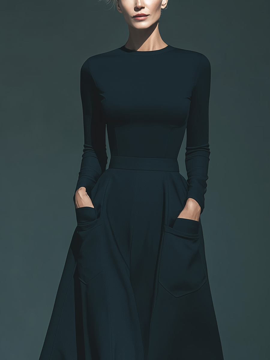 Women's Navy Blue Stretchy Knit Round-neck Long Dress With Pockets MDA1550L9T