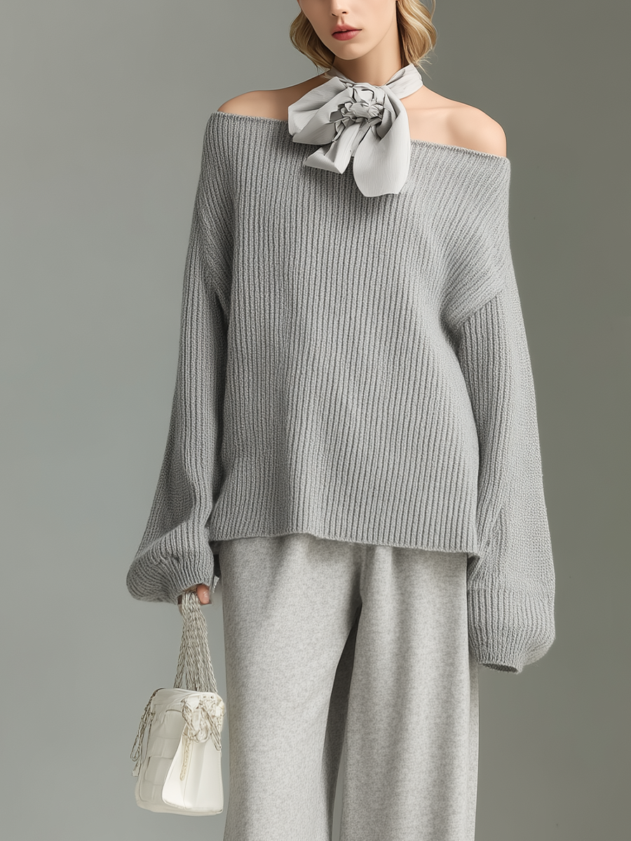 Women's Gray Ribbed Knit Off-the-shoulder Loose Top And Air-layer Wide-leg Pants Set(Excluding scarf) MDA0501L5T