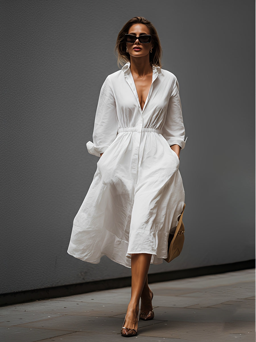 Women's White Linen Dress With Shirt Collar & Elastic Waist, Timeless Effortless-Chic Style Dress MDZ0661B8I