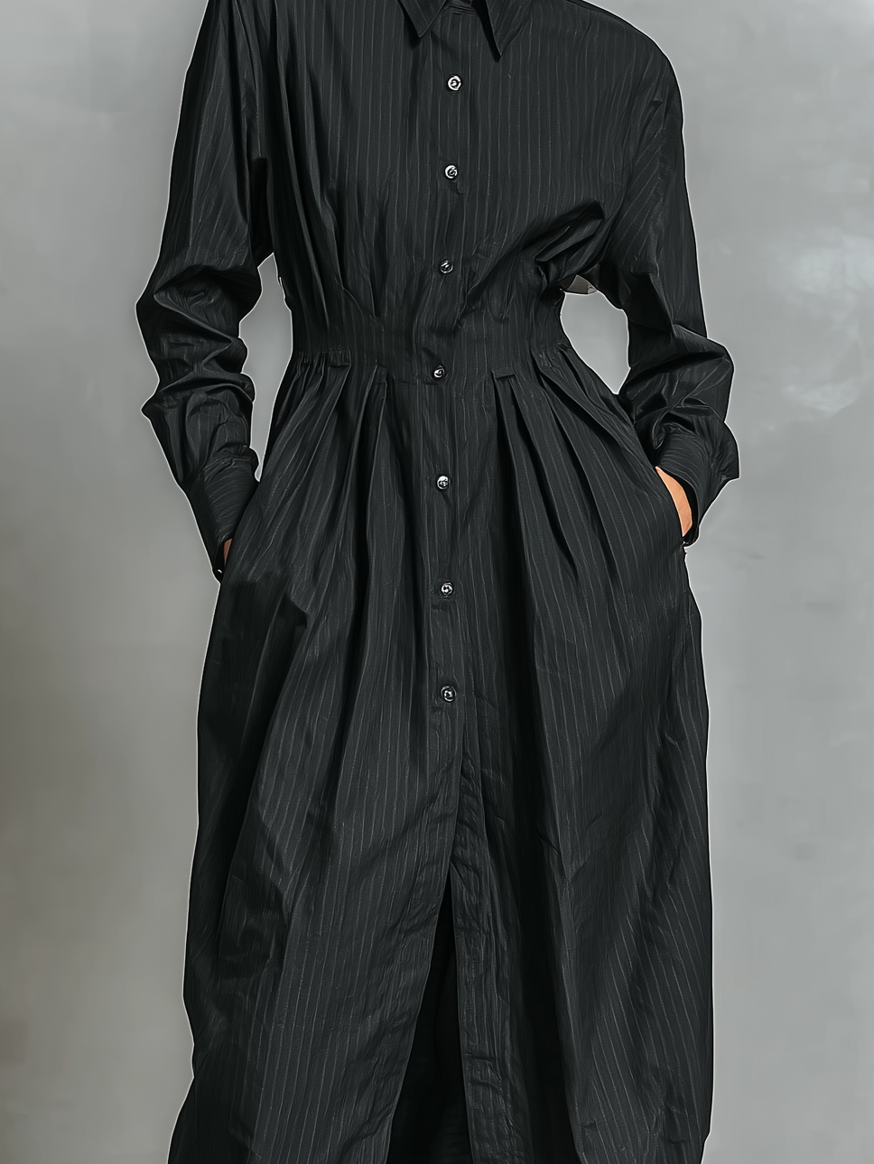 Women's Elegant Black Pinstripe Woven Shirt Dress With Long Sleeves MDA2045L1AN