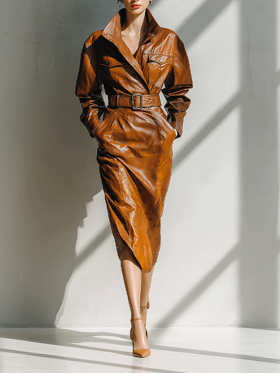 Women's Vintage Chic Tailored Wide Lapel Collar PU Leather Midi Dress  (Without Belt) MDA2519G6I