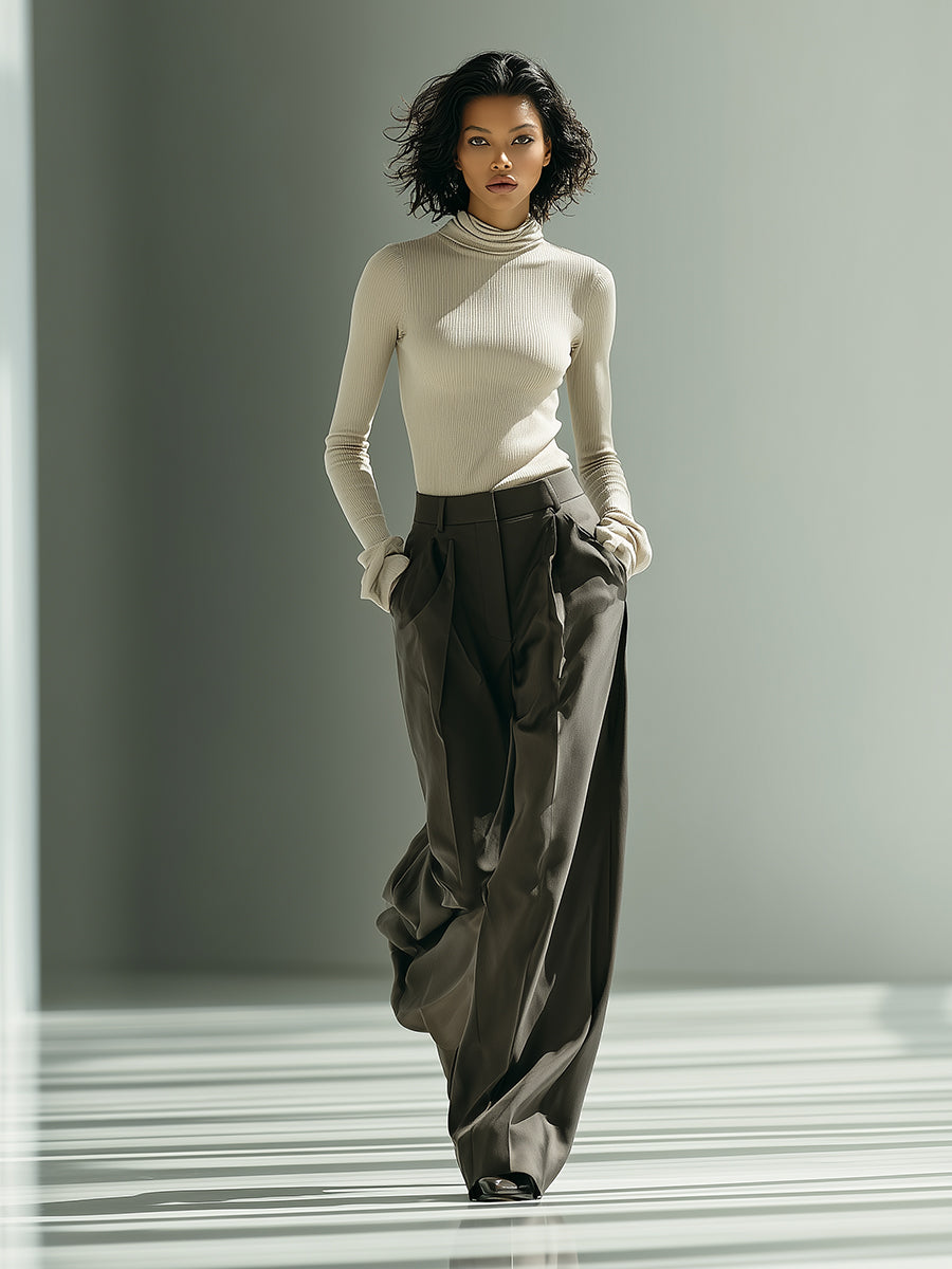 Women's Beige & Grey Elegant Rib - Knit Turtleneck Sweater & Pleated Wide - Leg Pants Set MDA1655H4I