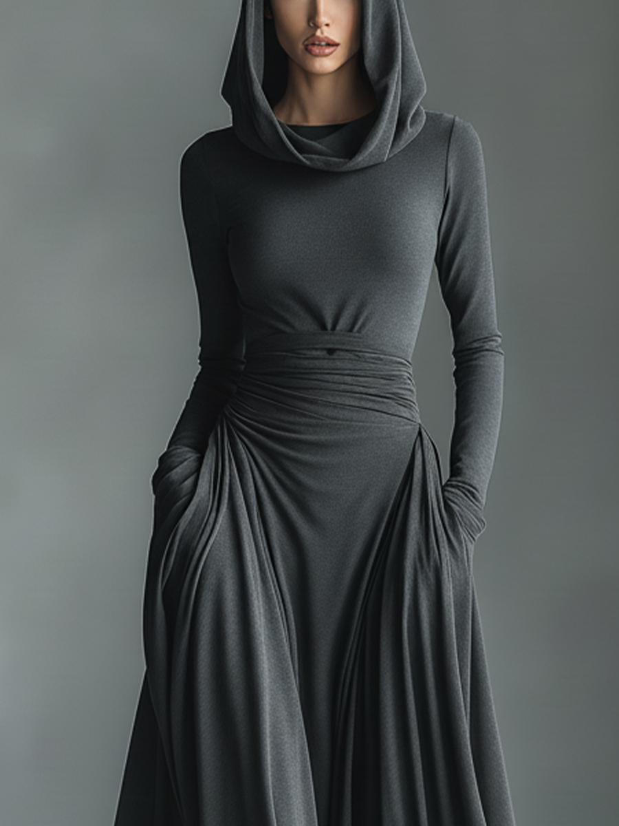 Women's Charcoal Knit Fabric Hooded Ruched-Waist Maxi Dress MDA2249L0T