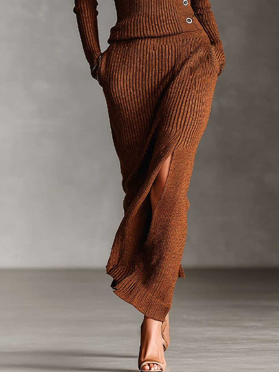 Women's Brown Sophisticated Knit High - Neck Side - Button Sweater And Slit Skirt Set MDA1595I0I