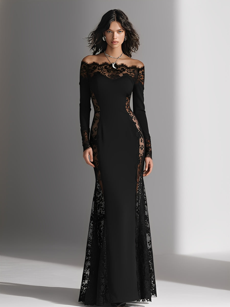 Women's Stretch Woven Strapless Dress With Black Lace Paneling, Featuring An Off-the-shoulder Design And Sheer Inserts Maxi Dress MDA1881L6I