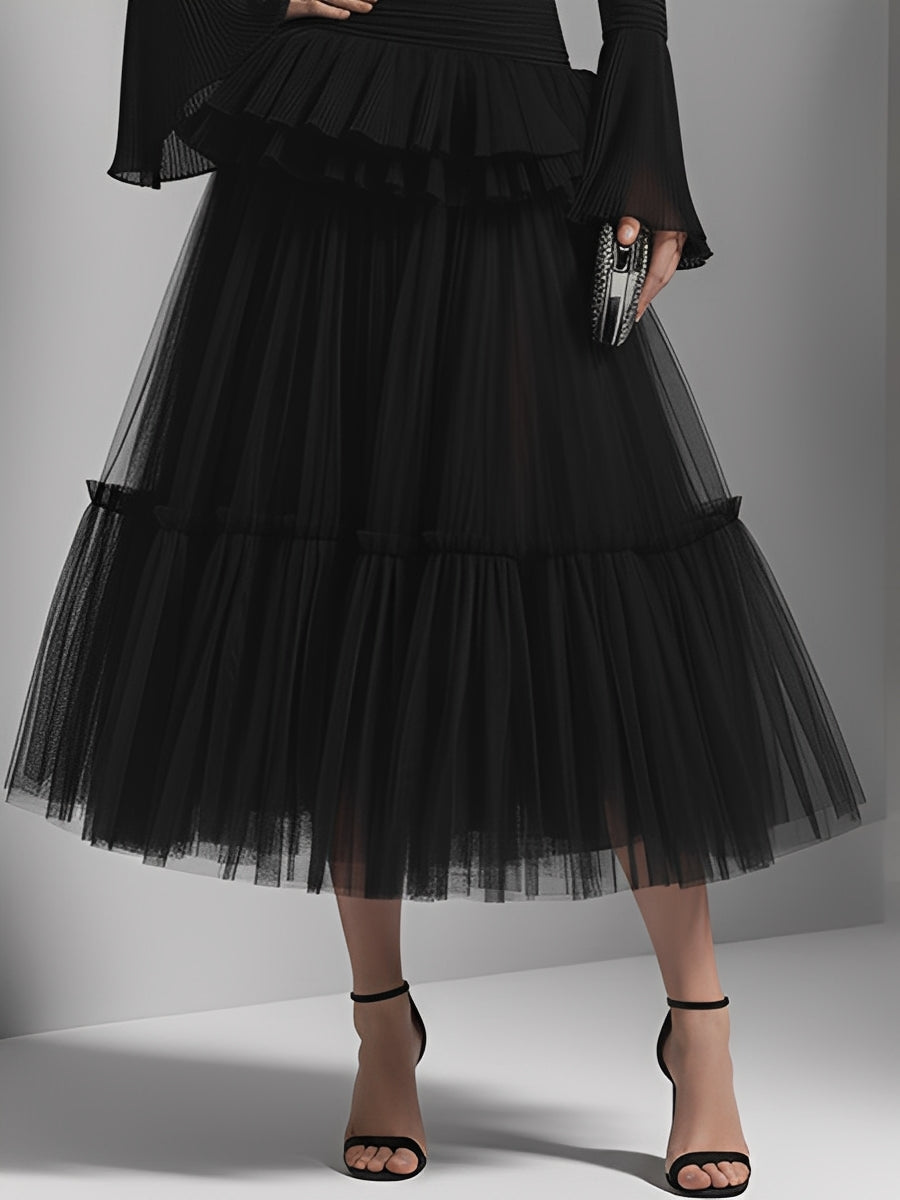 Women's Black Tulle & Ribbed Knit Dress With Cold-Shoulder Neck & Tiered Skirt, Glamorous Formal Style Dress MDA1134L8I