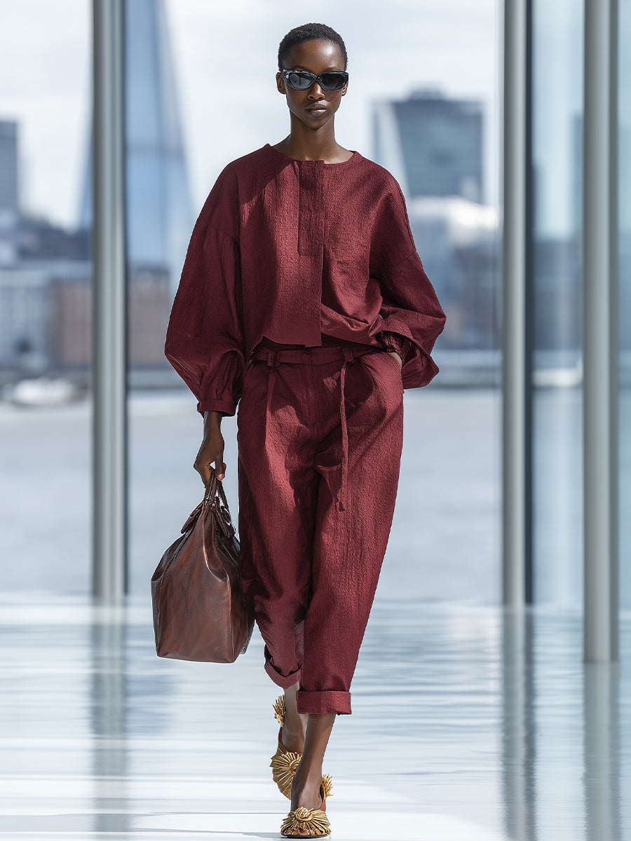 Women's Burgundy Cotton-Blend Fabric Sophisticated Puff Sleeve & Tie-Waist Pant Set MDA0567K6I