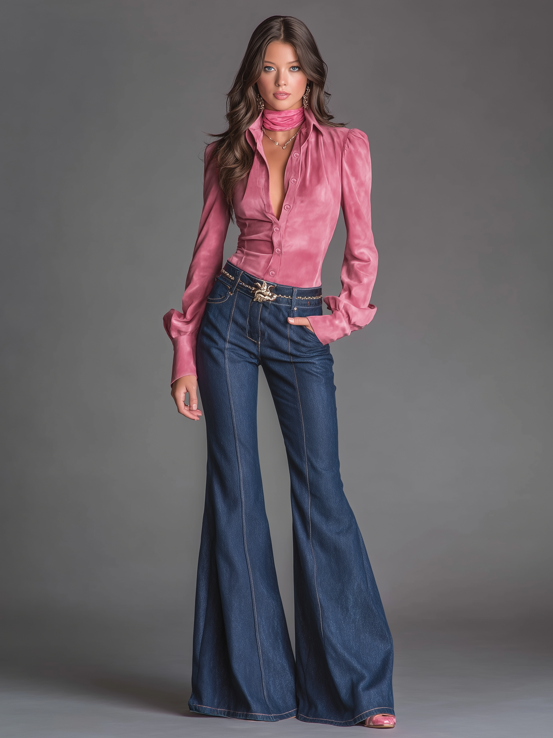 Women's Minimalist Faux Suede Shirt And Denim Flared Pants Set (belt Not Included) MDA2993K0Y