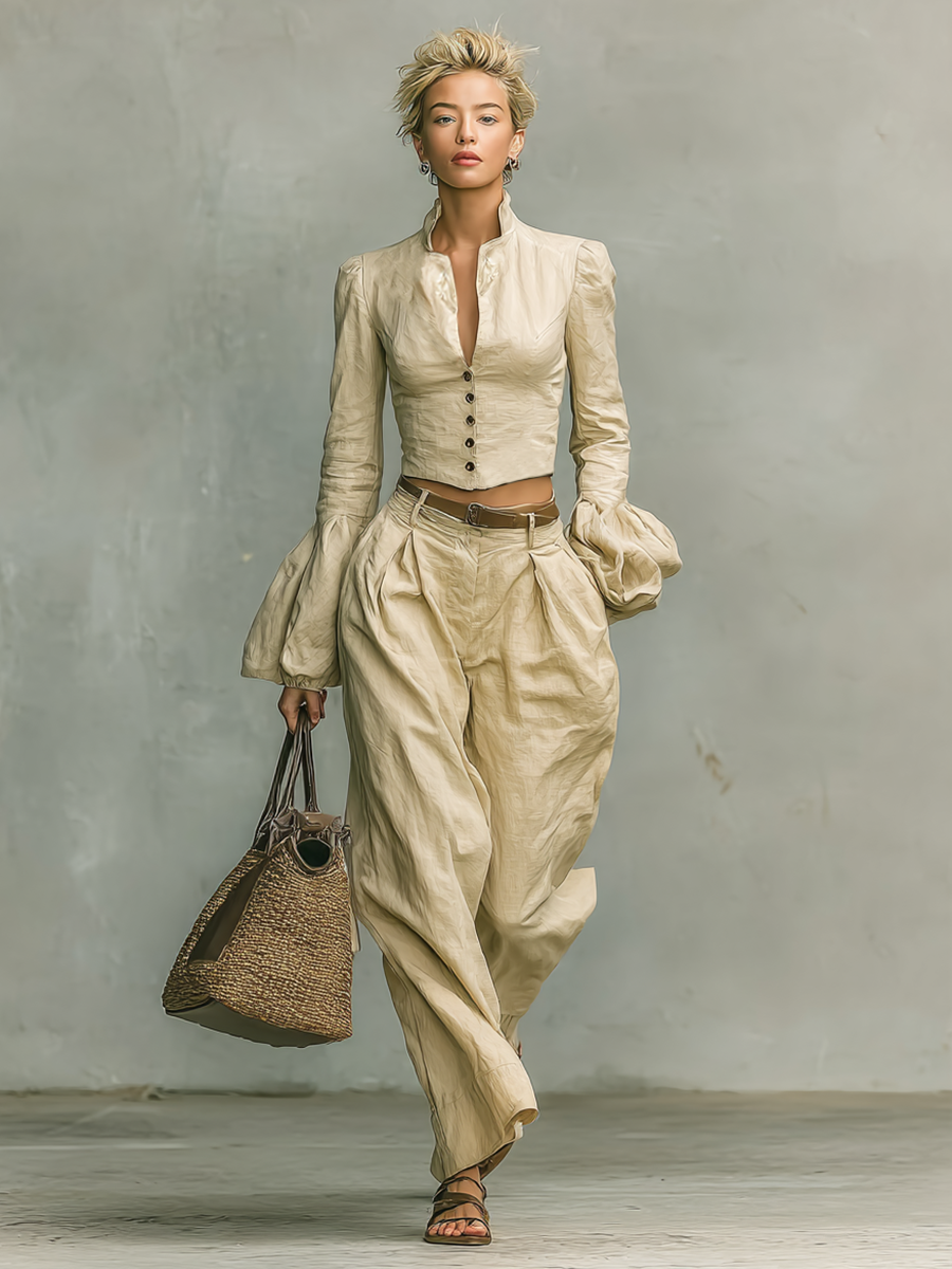 Women's Retro Linen-like Fabric Stand-up Collar Single-breasted Shirt Trousers Two-piece Set MDA2423G7Y