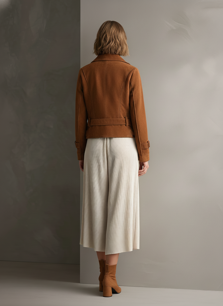 Women's Caramel-Colored Faux Suede Collared Short Jacket With Belt MDA3169J8T