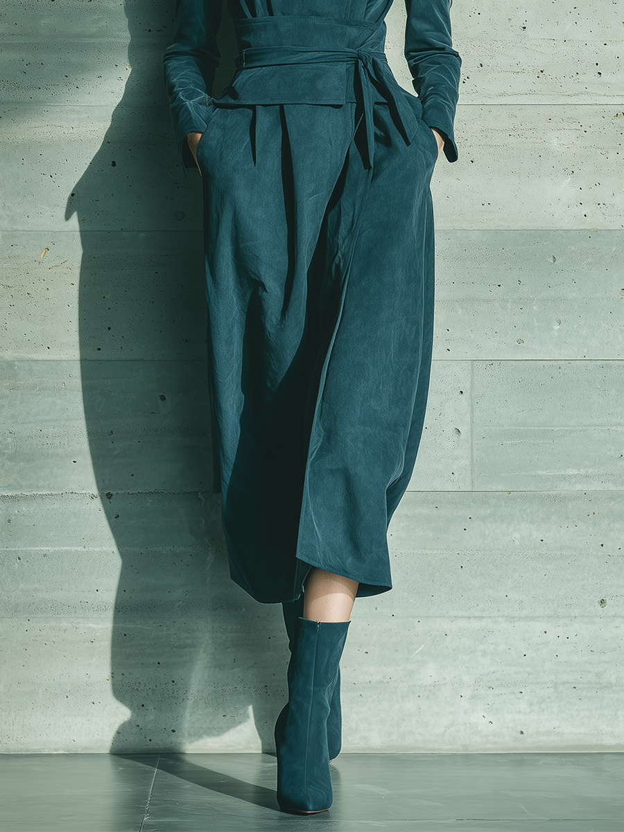 Women's Teal Faux Suede Fabric Long-Sleeve Asymmetric-Button Belted Midi Dress MDA2244L7T