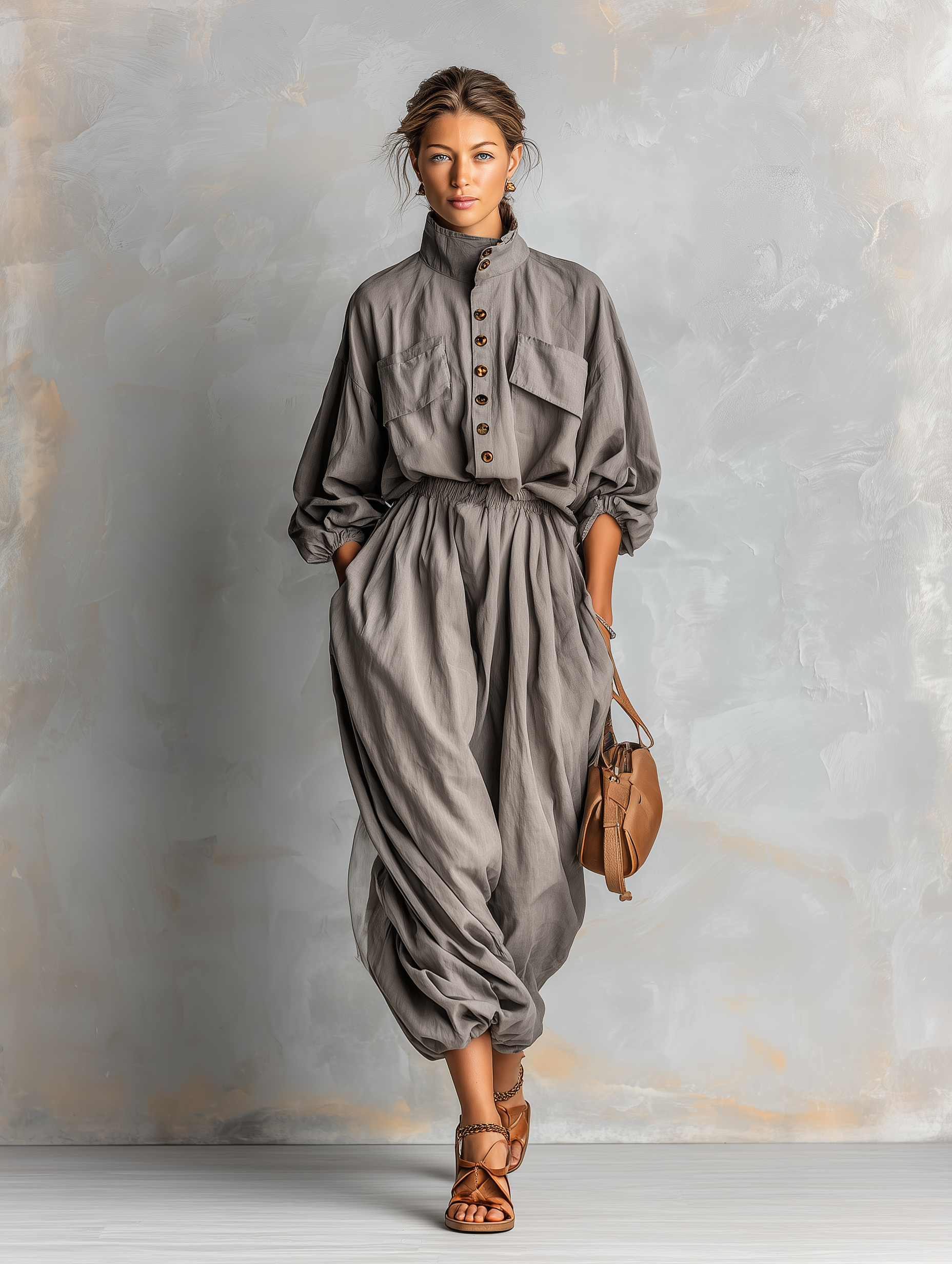Women's Fashionable Gray Button-Up High Neck Long Sleeve Woven Loose Jumpsuit MDA1544L8AN