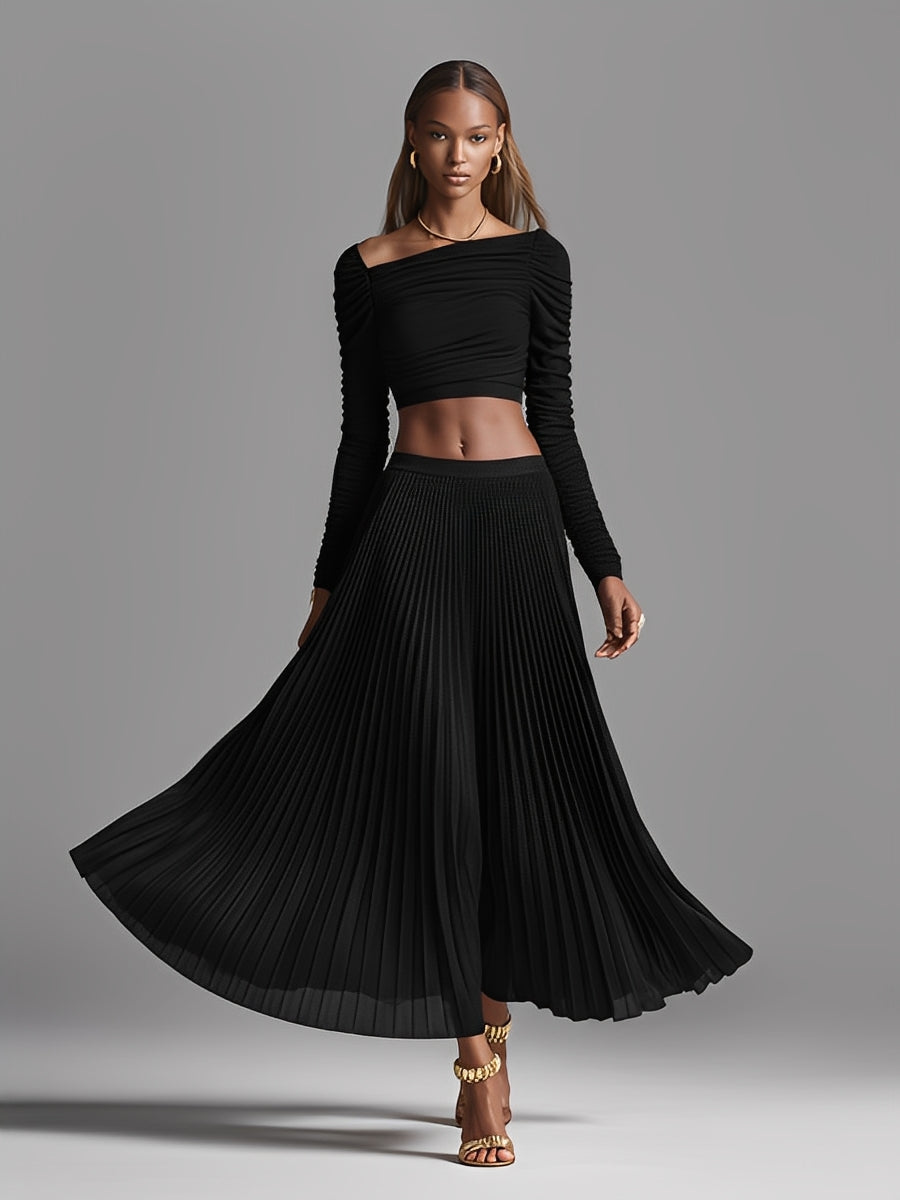Women's Black Stretchy Knit Elegant Set With Off-the-Shoulder Crop Top & Pleated Maxi Skirt, Timeless Chic Style Set MDA0580L0I