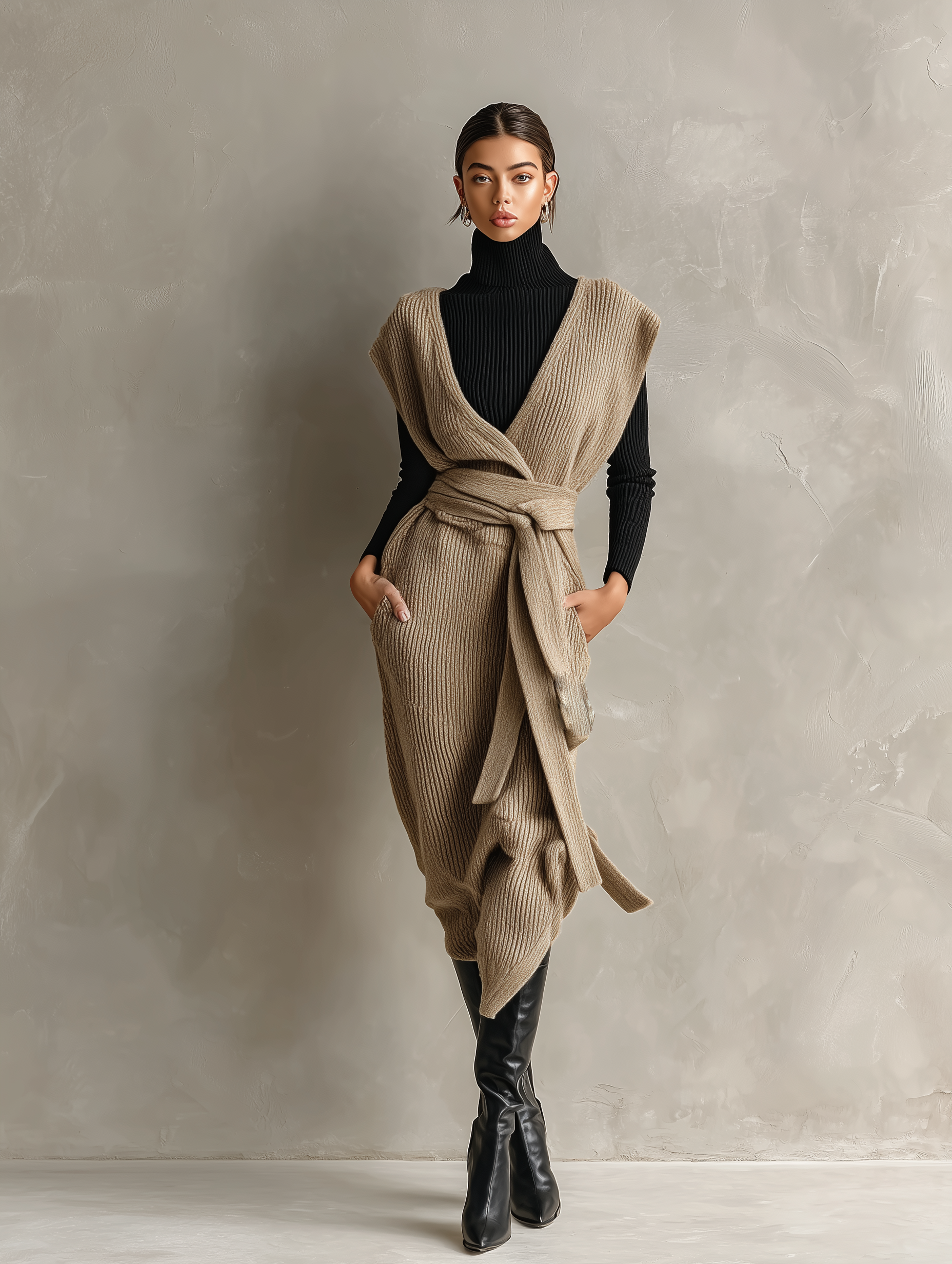 Women's Elegant And Stylish Khaki Knit Sleeveless V-neck Long Cardigan Dress MDA1463K5AN