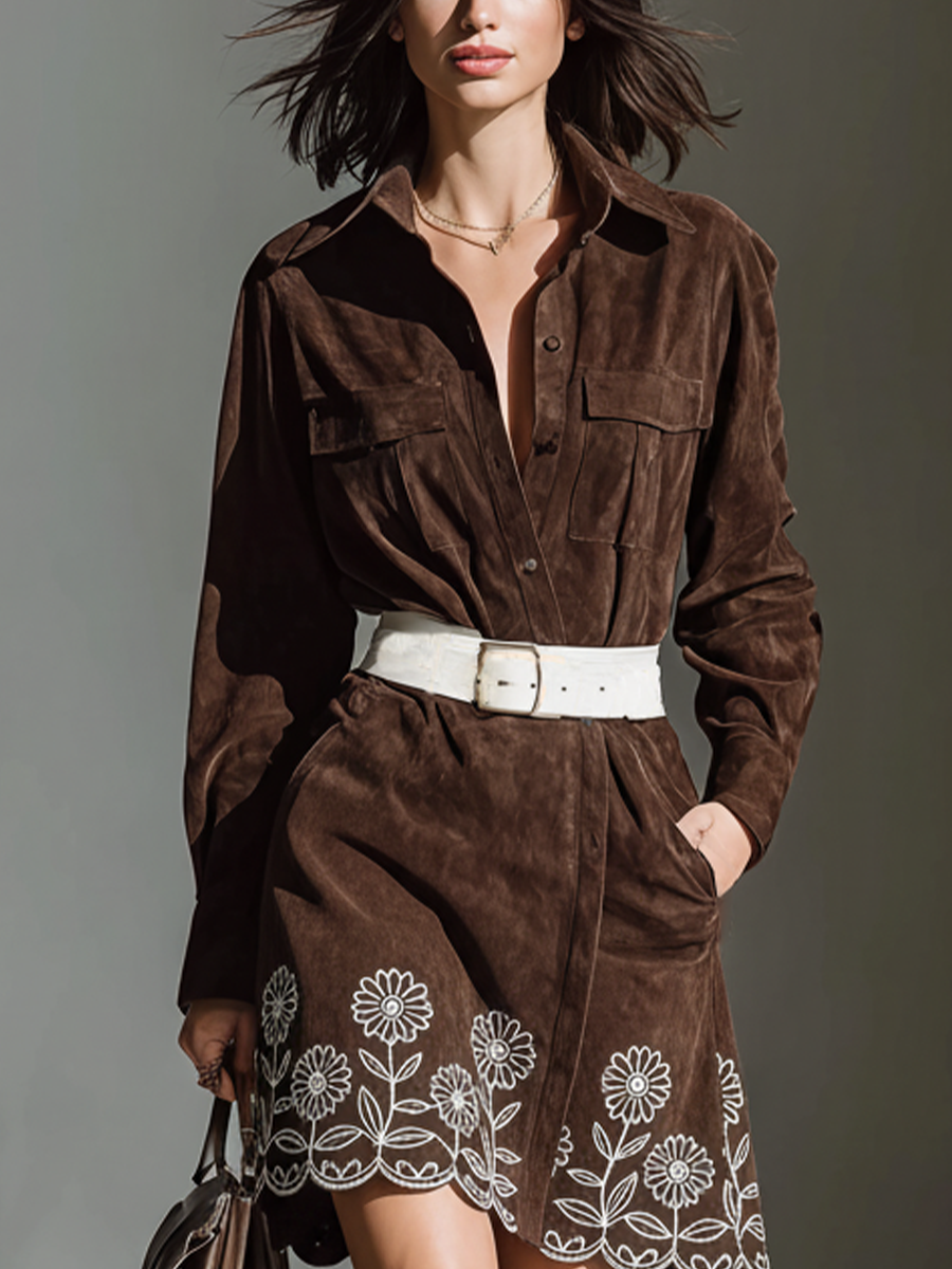 Women's Dark Brown Faux Suede Embroidered Simple Lapel Double Pocket Mini Dress MDA2911J7T