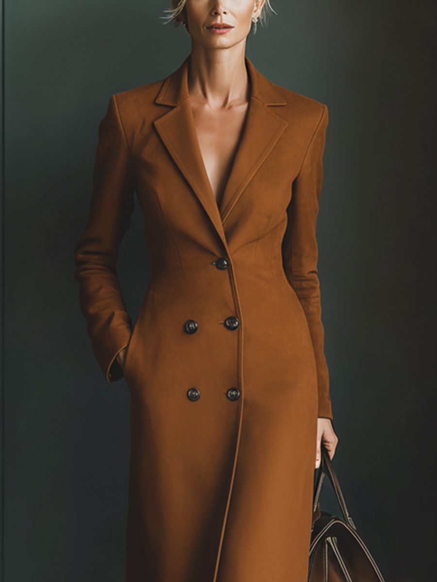 Women's Caramel Faux Suede Double-Breasted Elegant Long Coat MDA1004J2T