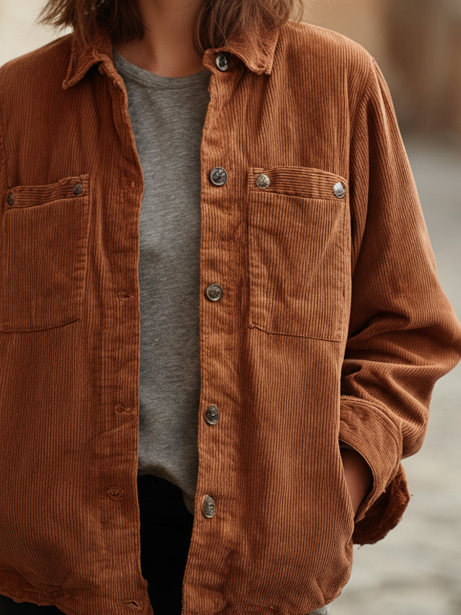 Women's Brown Corduroy Classic Casual Pocket Jacket MDA2829J5I