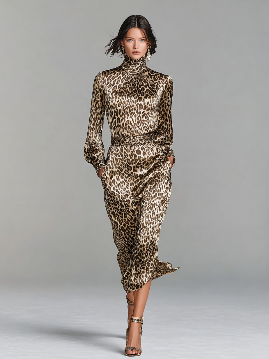 Women's Satin Leopard Print High Neck Midi Dress MDA3058G2Y
