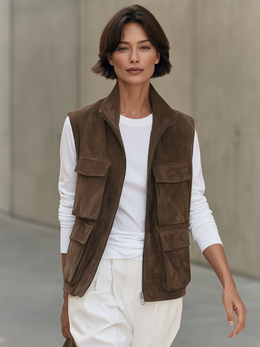 Women's Stand Collar Brown Utility Vest MDZ2665H6YZJ