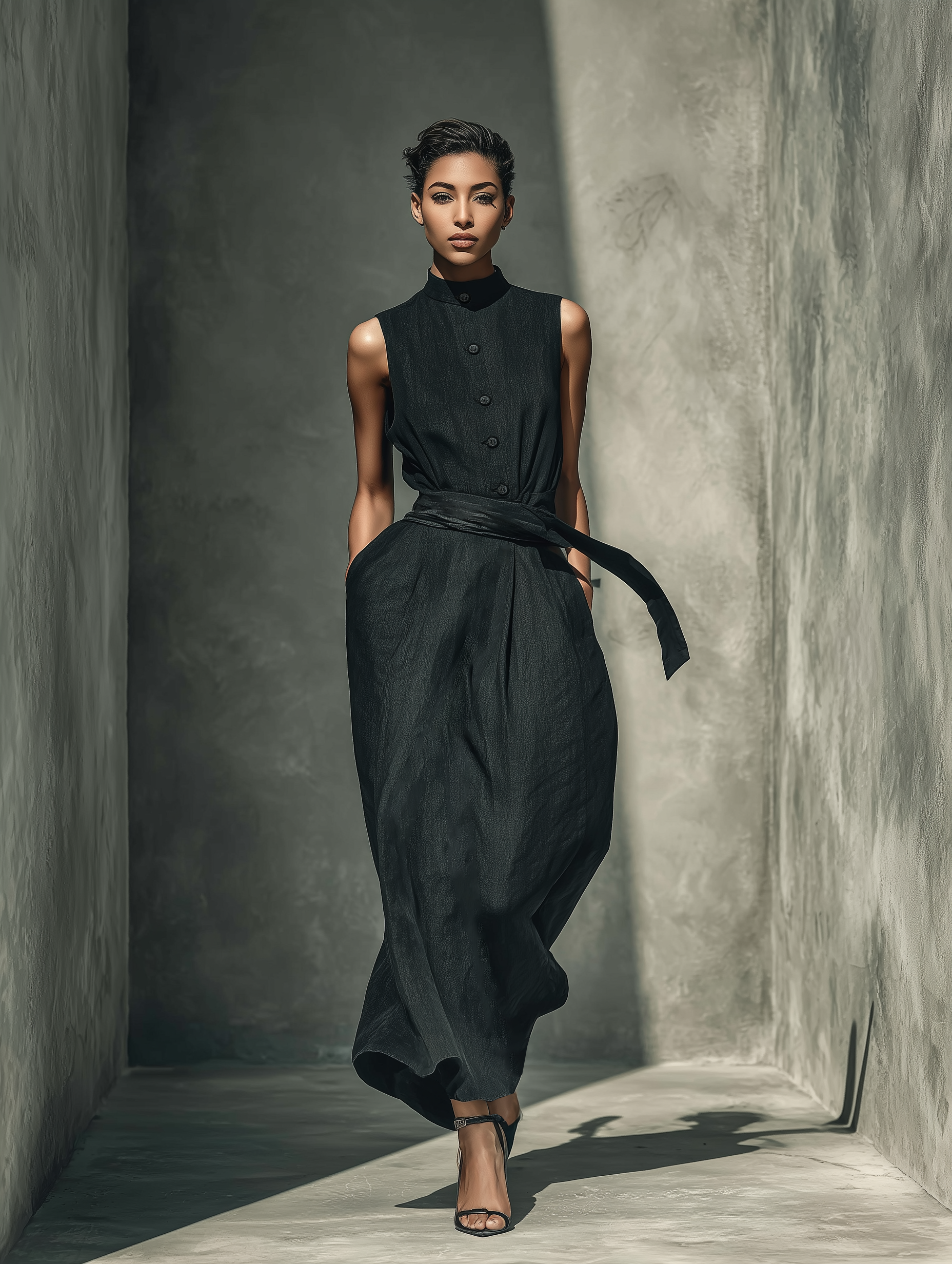 Women's Black Cotton And Linen Blend Minimalist Maxi Dress MDZ2762B2T