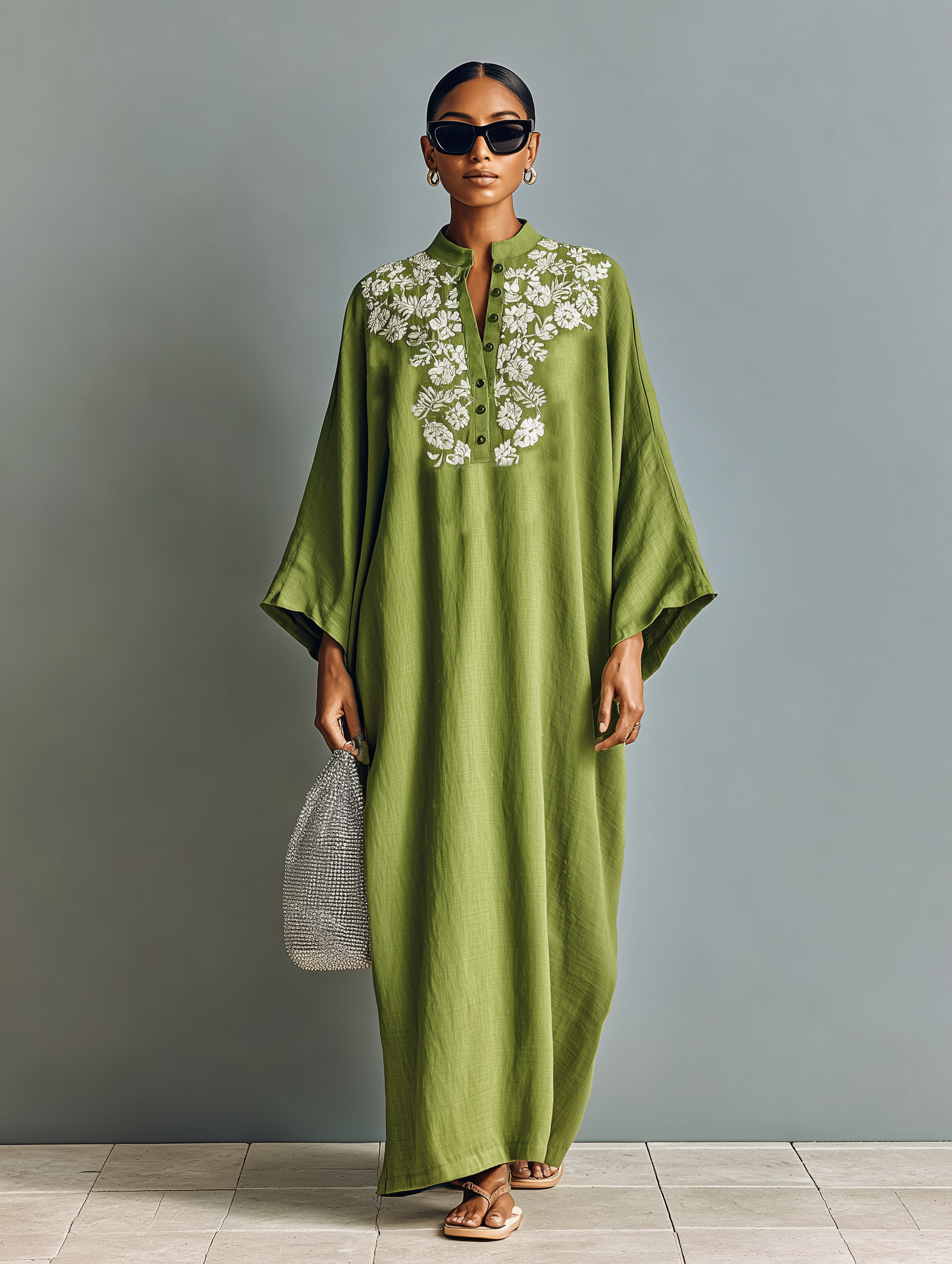 Women's Linen Blend Henley Neck Embroidered Batwing Sleeve Kaftan Maxi Dress MDZ0693A9Y