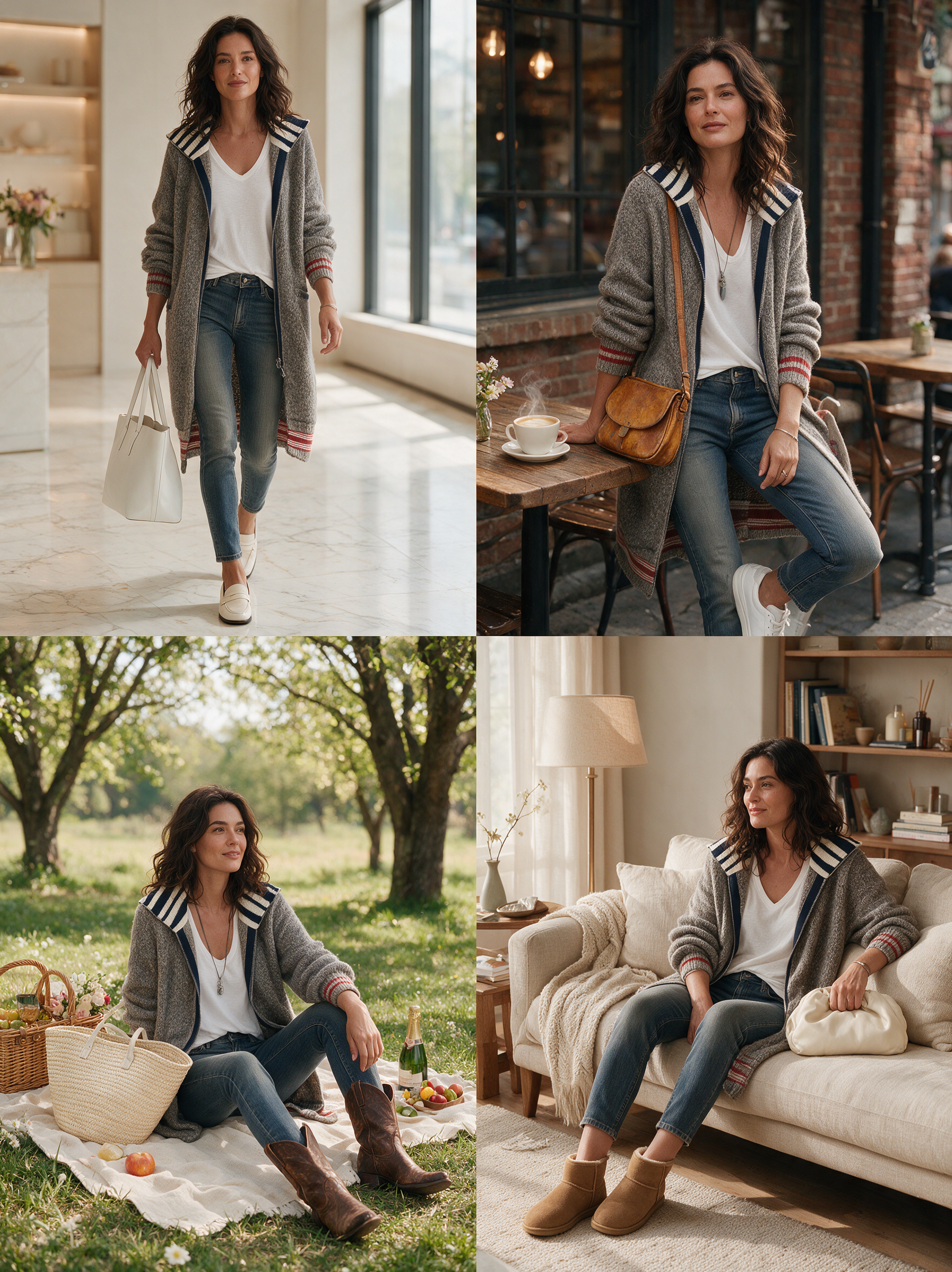Women's Vintage Color-Block Striped Zip-Up Mid-Length Cardigan MDZ2550H4WY