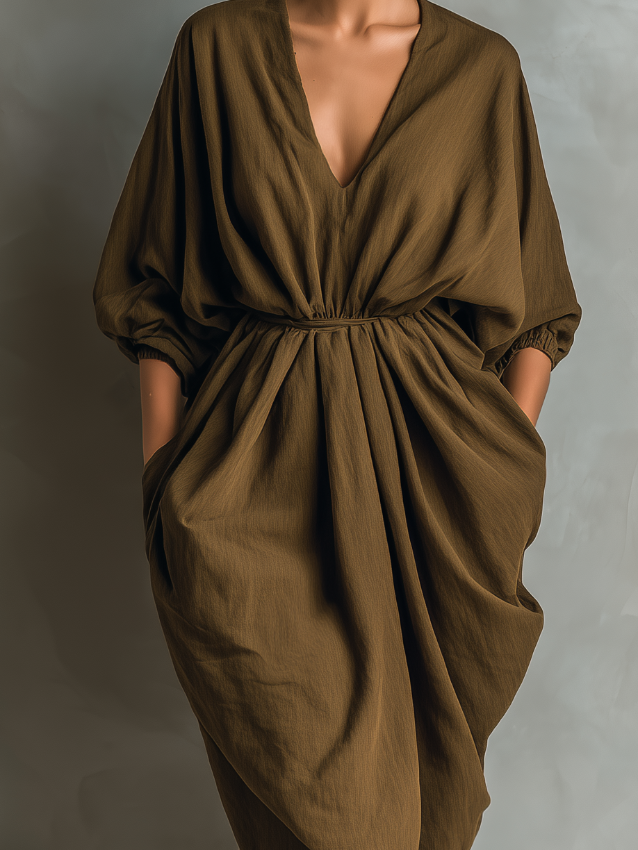 Women's Elegant Brown V-neck Woven Long-sleeved Loose Midi Dress MDA1738L1AN