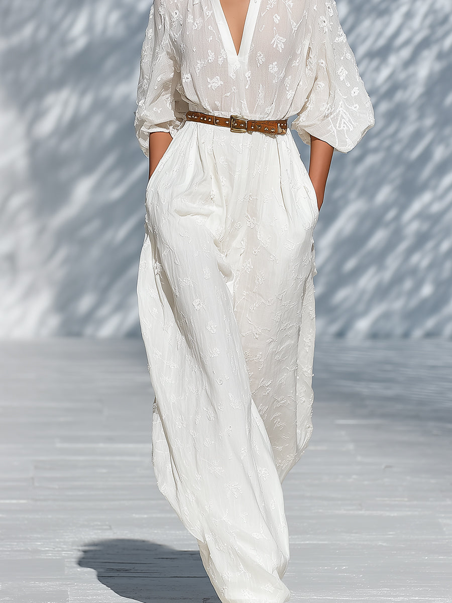 Women's White Bohemian Embroidered Cotton Belted Jumpsuit (without Belt) MDA0611H0I