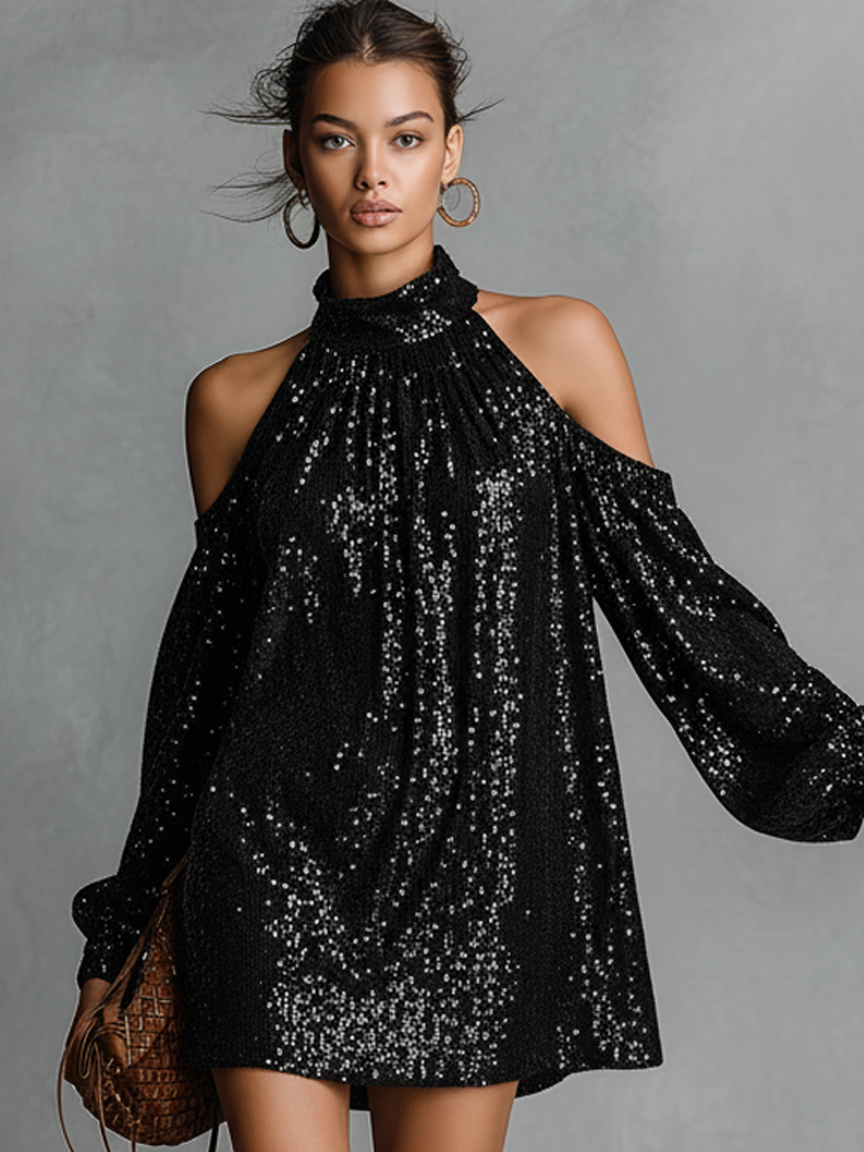 Women's Minimalist Loose-fitting Sequined Off-the-shoulder Long-sleeved Mini Dress MDA2417K1Y