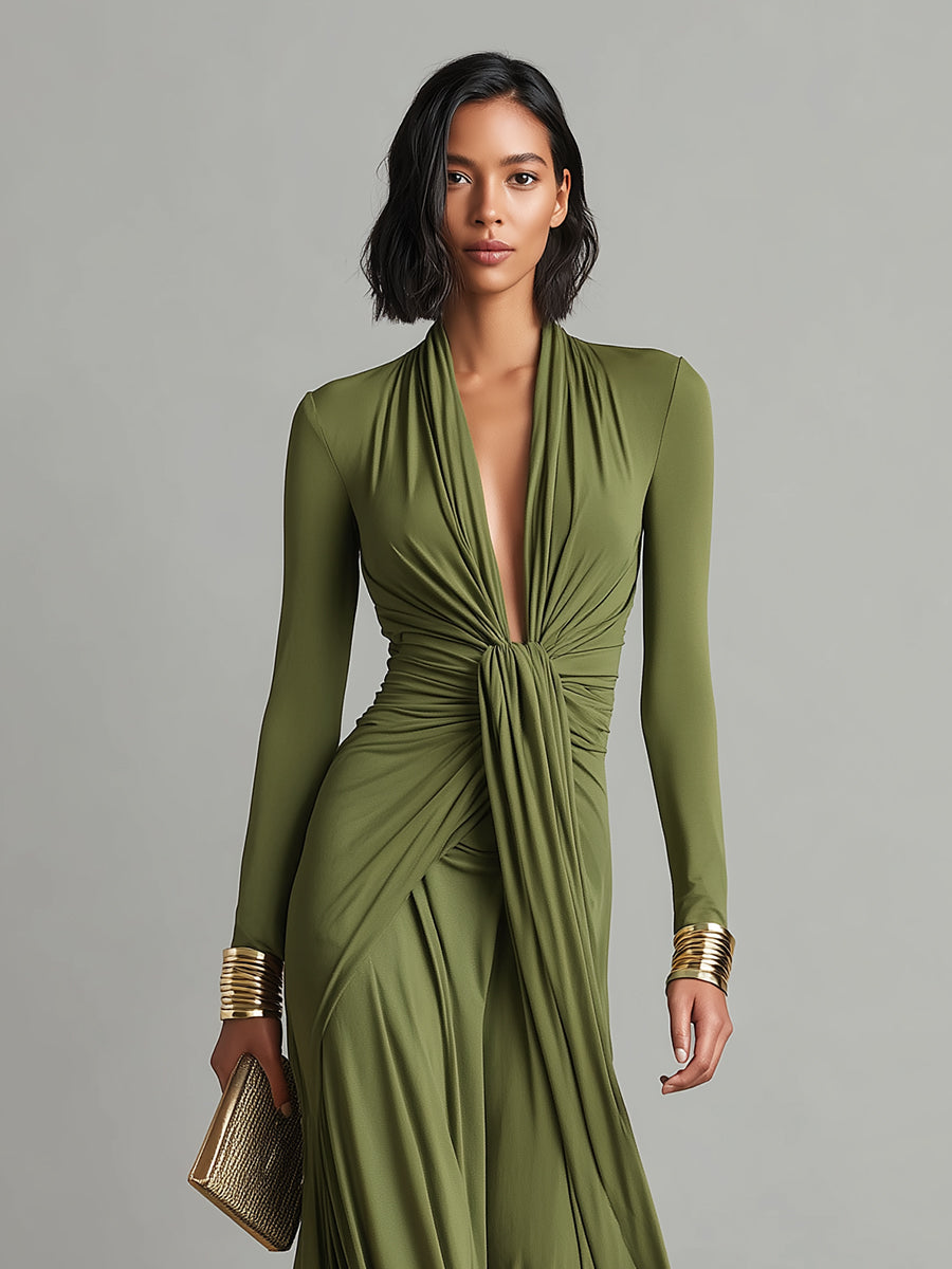 Women's Olive Silky Stretchy Dress With Deep V-Neck & Ruched Detail, Glamorous Maxi Dress MDA0509L8I