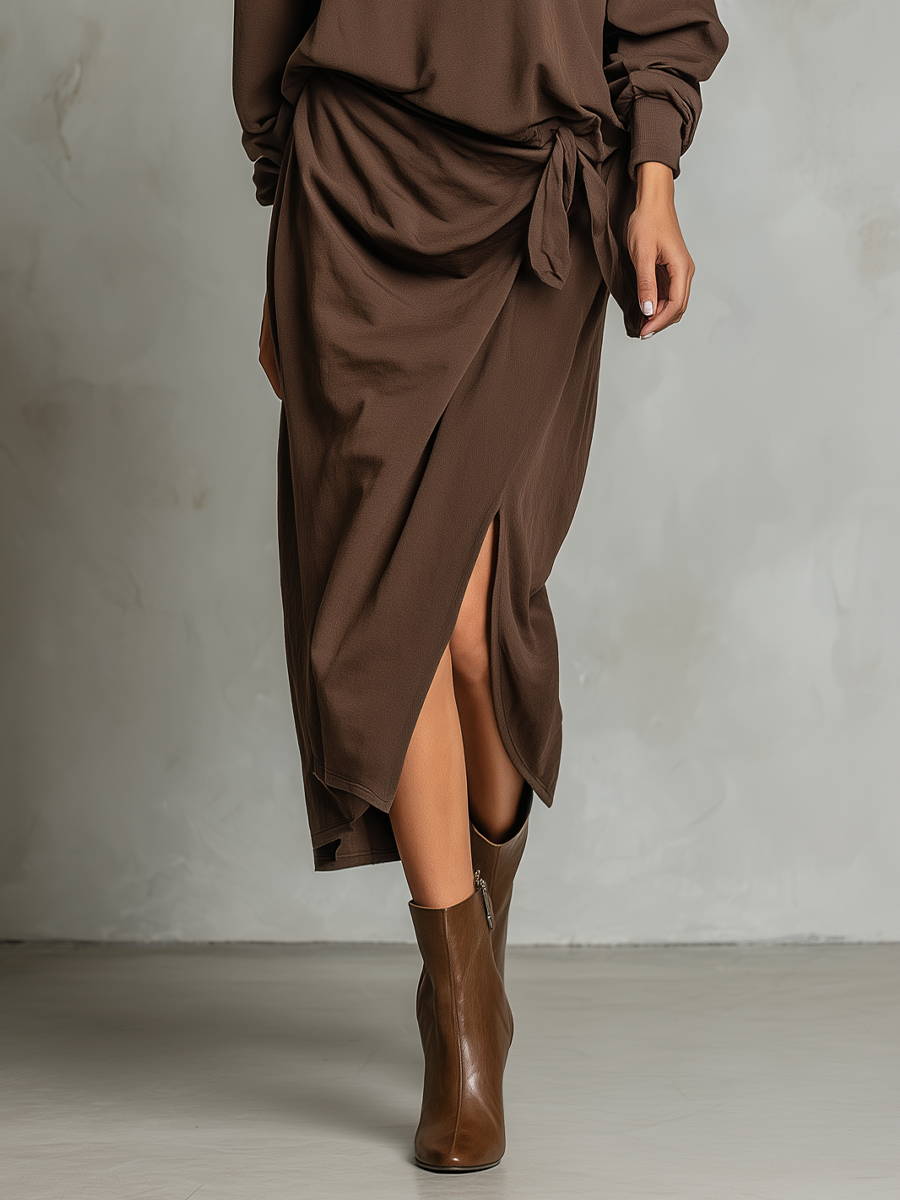 Women's Coffee-colored Knitted Loose-fitting Top And Side-tie Slit Skirt Set MDA0654K9T