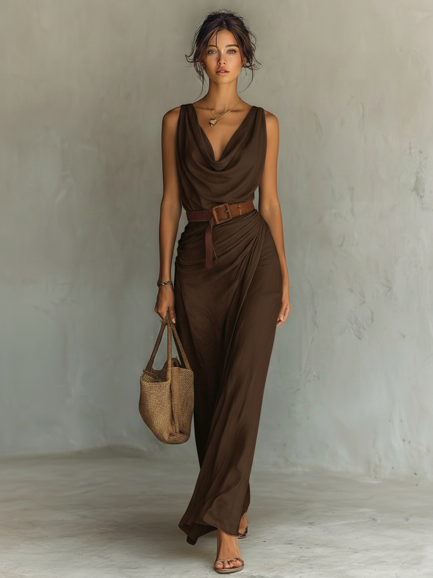 Women's Minimalist Cowl Neck Sleeveless Belted Maxi Dress MDZ1262A0Y