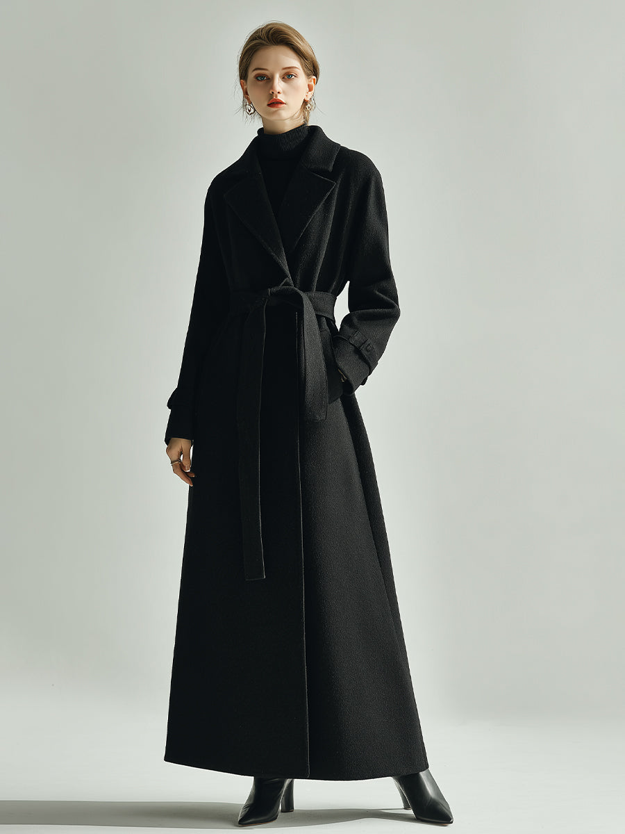 Women's Black Wool-Blend Elegant Maxi Coat With Notch Lapel & Waist Belt, Timeless Luxury Style MDA2480J6I