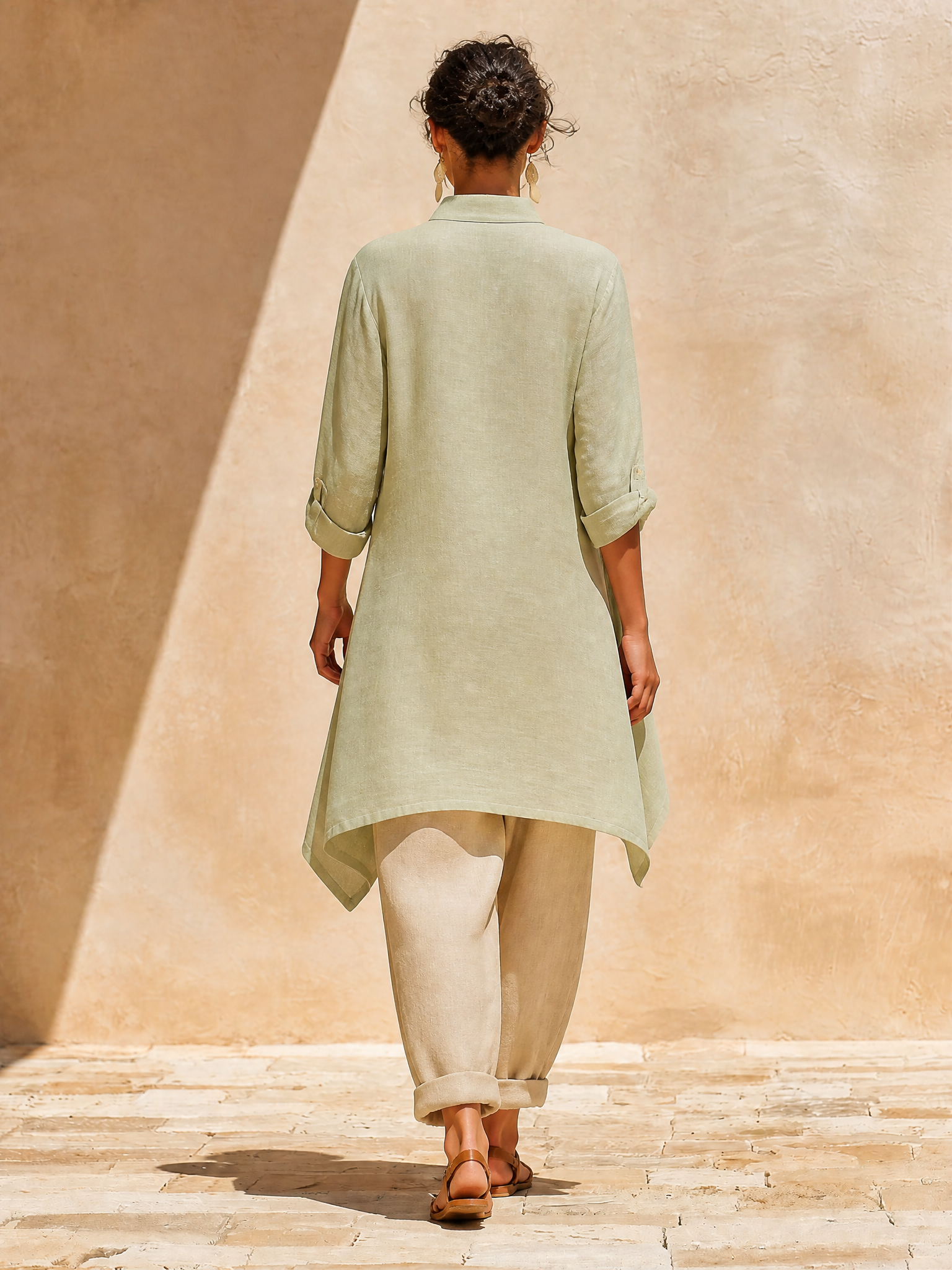 Women's Asymmetric Collar Linen Roll‑Up Sleeve Long Coat MDZ1434H8LYL