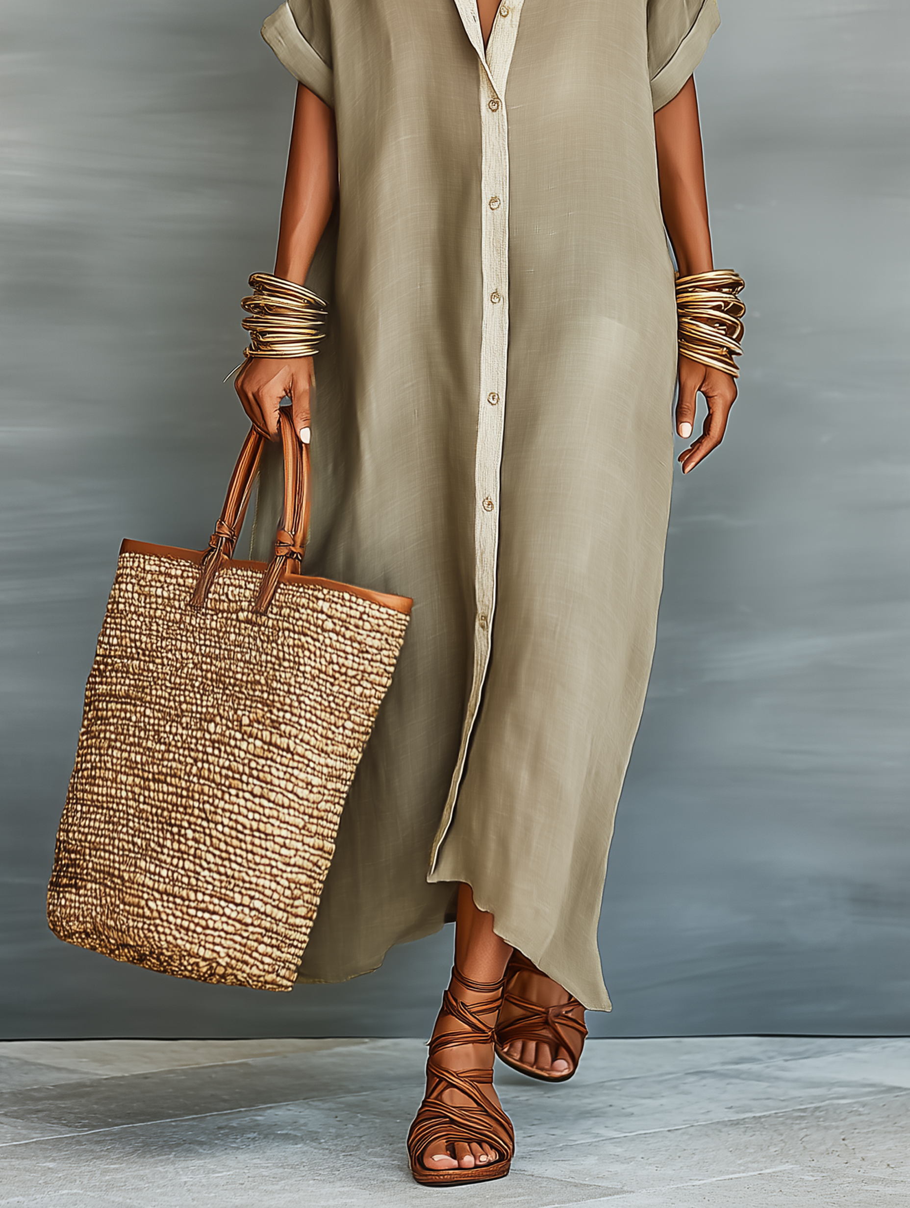 Women's Minimalist Linen Blend Short-sleeved Shirt Maxi Dress MDZ0647A2Y