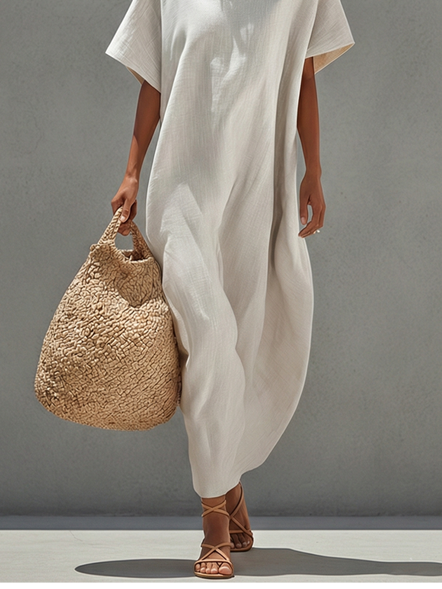 Women's White Linen Dress With Relaxed Fit & Minimalist Design, Timeless Resort-Casual Style Dress MDZ0528B5I