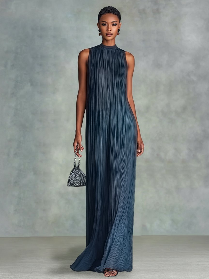 Women's Minimalist Chiffon Pleated Sleeveless Straight-cut Maxi Dress MDZ1239A7Y