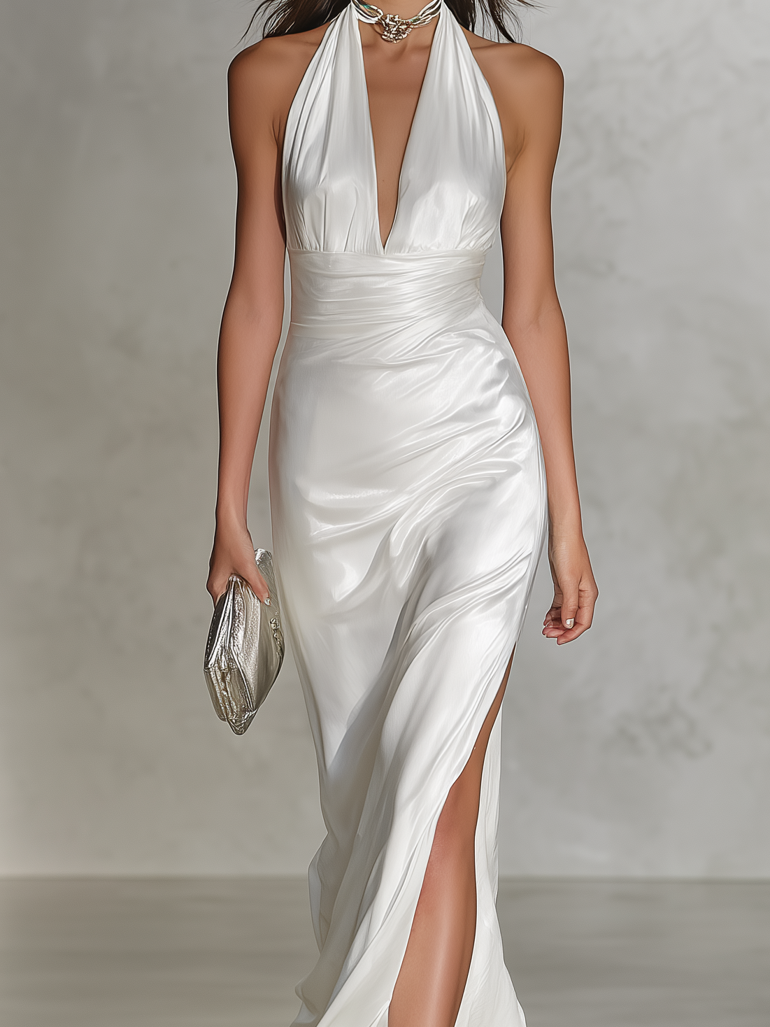 Women's Elegant White Satin Sleeveless Halter Neck Maxi Dress MDZ1366A8AN