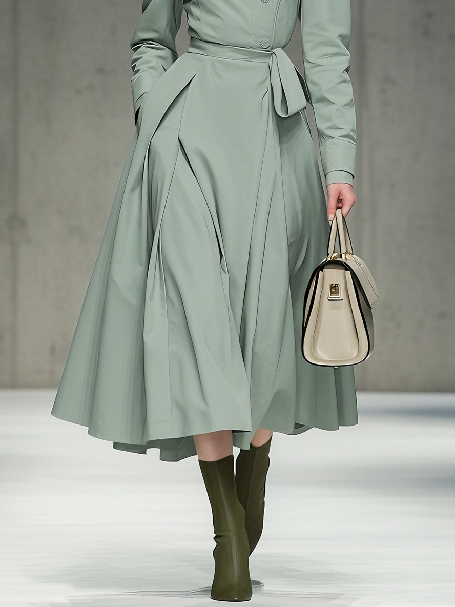 Women's Elegant Cotton-Blend Sage Green Trench-Collar Belted Pleated Midi Coat Dress MDA1215L9AU