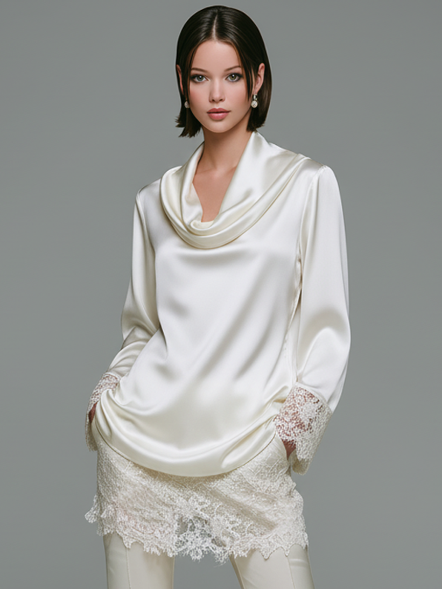 Women's Minimalist Satin Patchwork Lace Hem Cowl Neck Blouse And Flared Trousers Set MDA3029K9Y