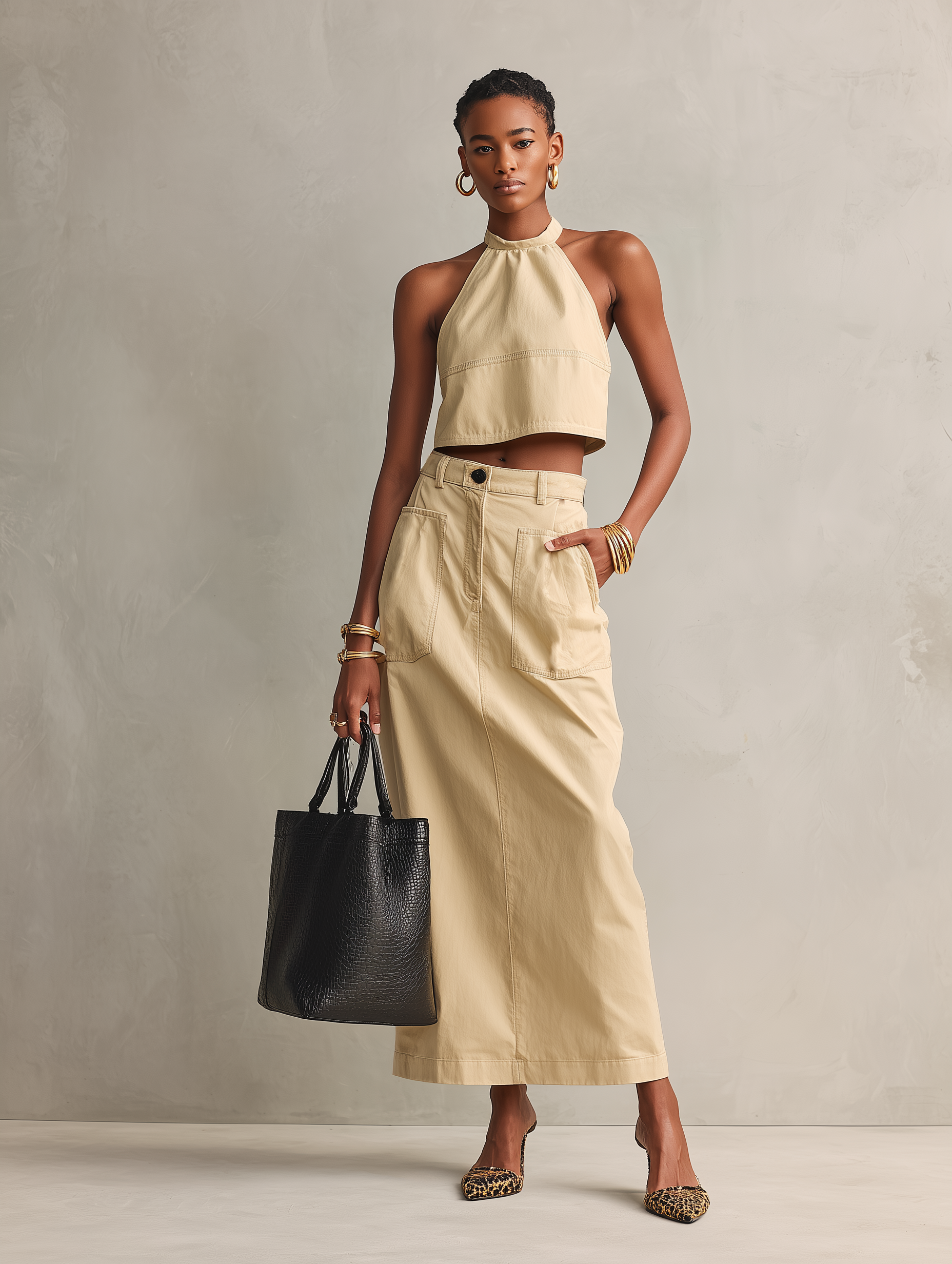 Women's Elegant Beige Woven Halter Neck Sleeveless Top Paired With A Skirt Set MDZ2735B2AN