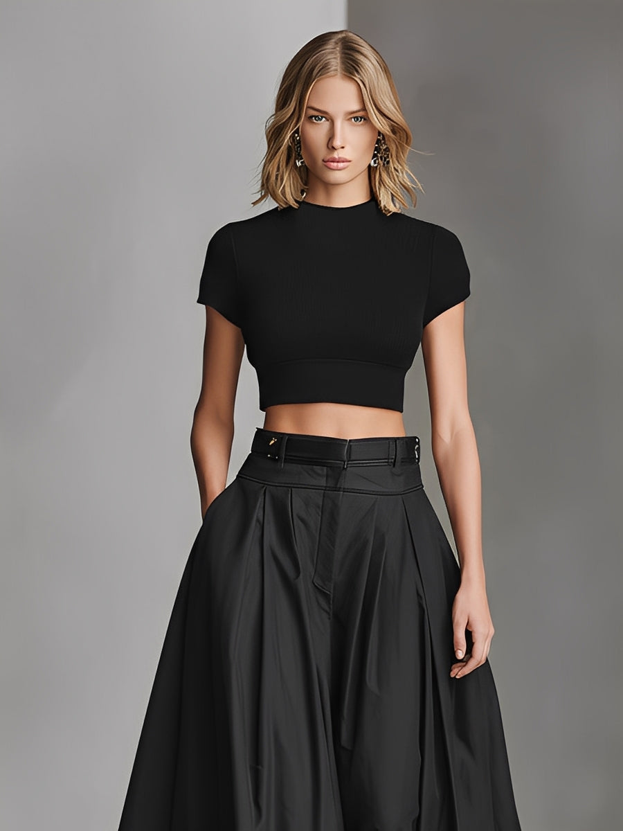 Women's Black Stretch-Knit & Woven Set With Cropped Top & Maxi Dress, Timeless Sleek-Chic Style Set (without Belt) MDZ1412A1I