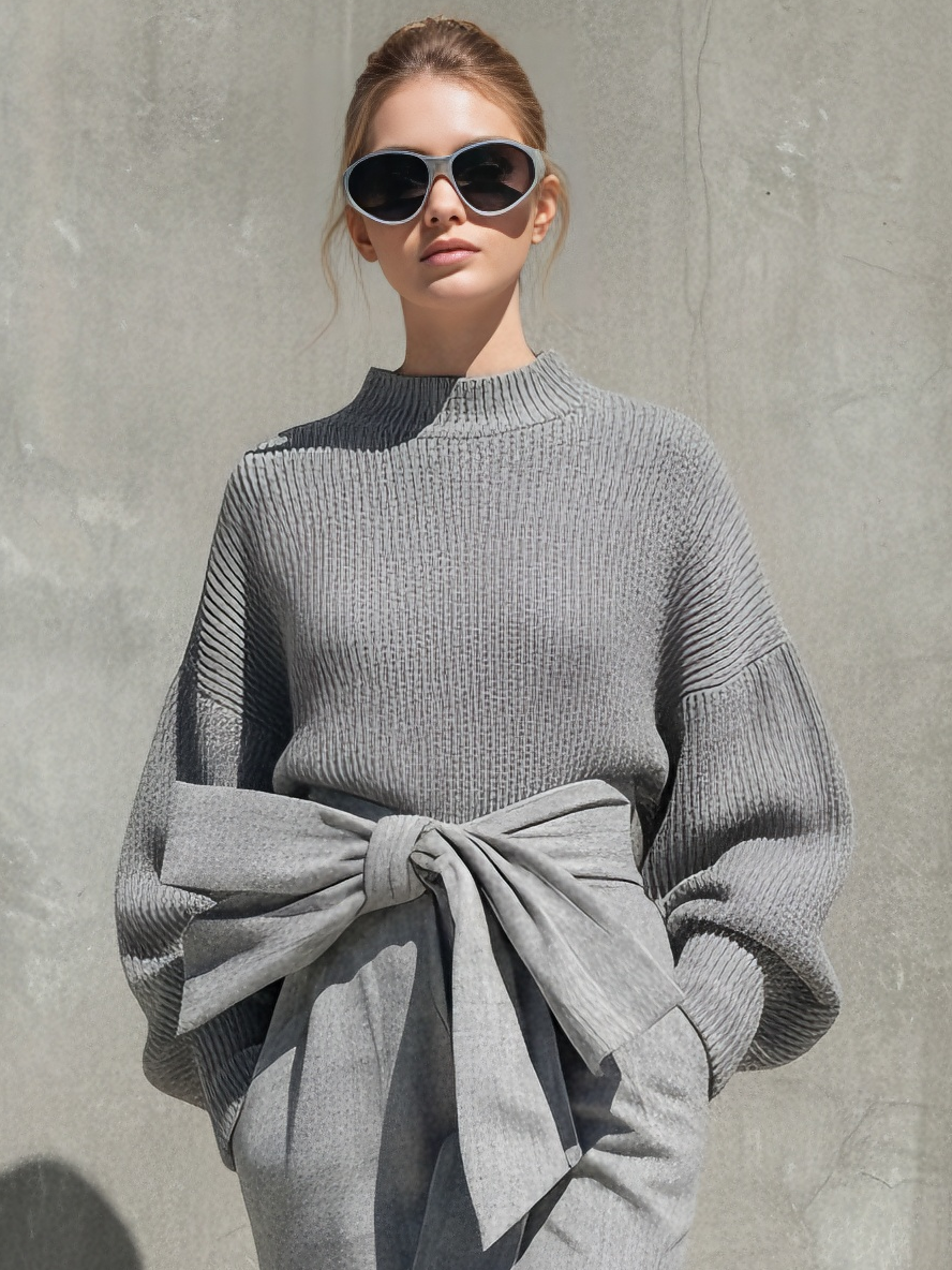 Women's Modern Knit & Linen-Blend Gray Ribbed Sweater + Bow-Accent Midi Skirt Set MDA1281L6AU