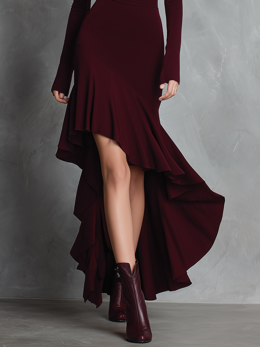 Women's Burgundy Stretch Knit One-Shoulder Long-Sleeve Irregular Maxi Dress MDA0417K1T