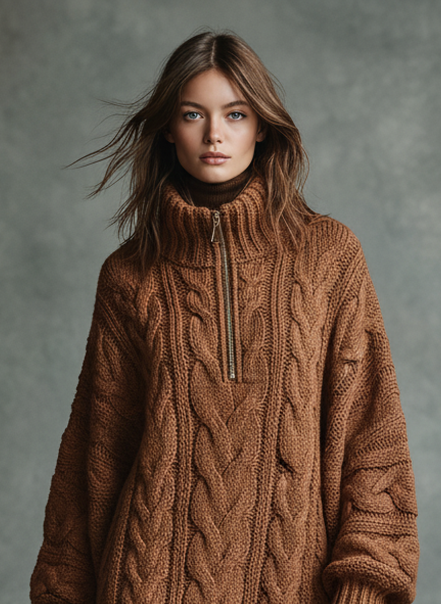 Women's Loose Cable Knit Zipper High Neck Mini Dress MDA2805J3Y