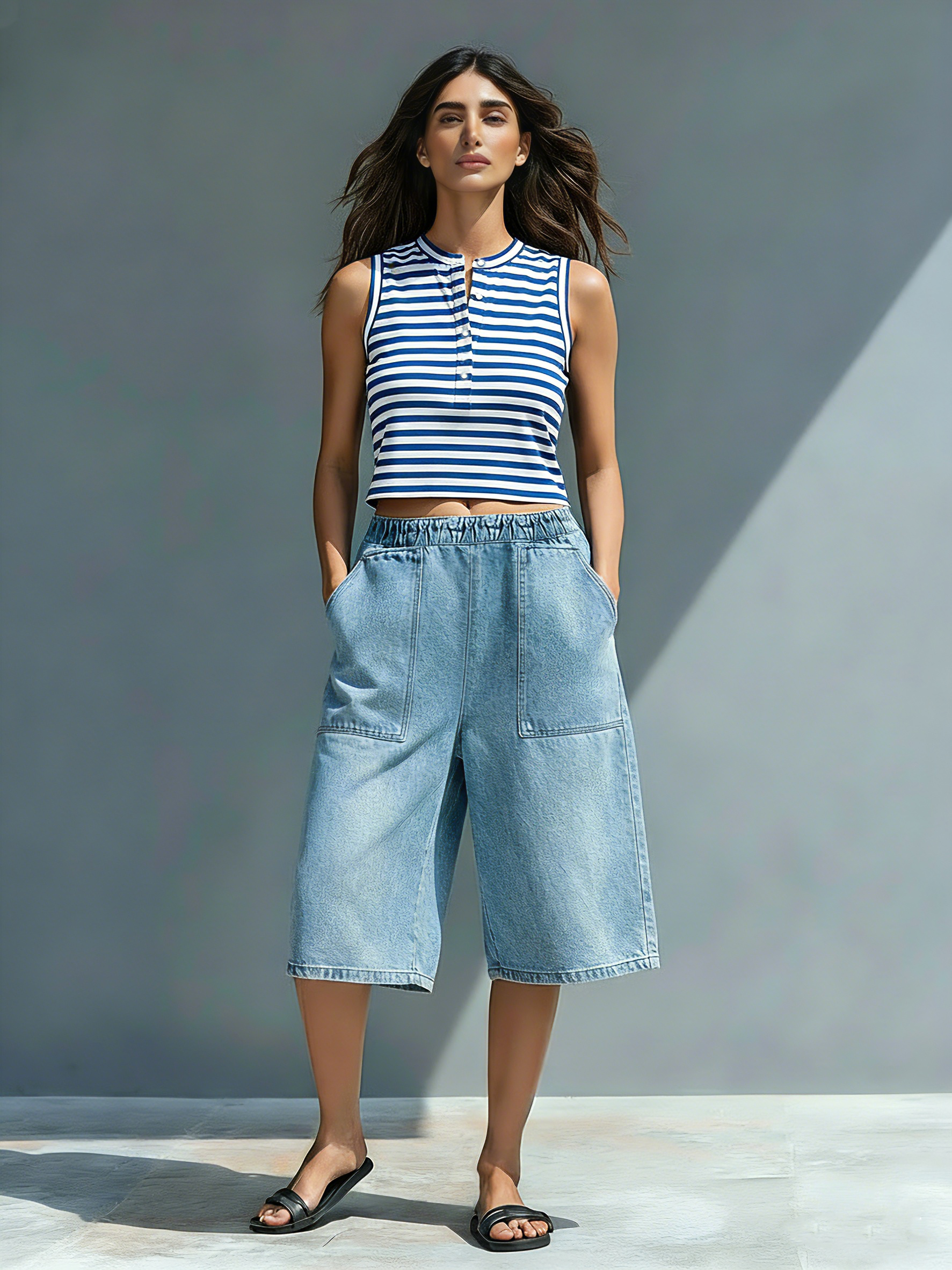 Women's Casual Striped Tank Top And Denim Cropped Pants Set MDZ2721B7Y