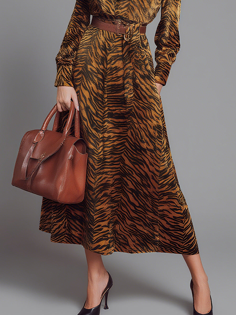 Women's Brown Animal - Print Elegant Velvet Belted Maxi Dress MDA0535H2I