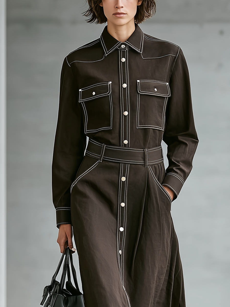 Women's Minimalist Silhouette Dark Brown Faux Suede Contrast Stitched Top And Skirt Set MDA2955J3T