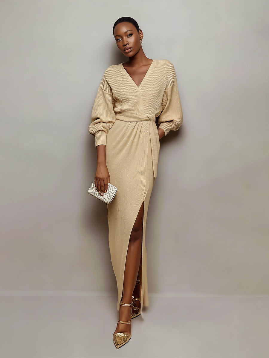 Women's Beige Knitted Elegant Maxi Dress With Deep V-Neck & Tie-Waist, Sophisticated Evening Dress MDA2722J0I