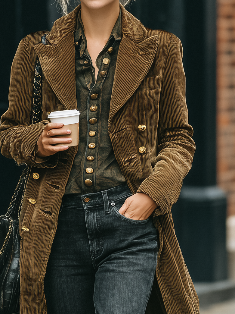 Women's Minimalist Corduroy Double-breasted Peak Collar Mid-length Trench Coat MDA2809I0Y